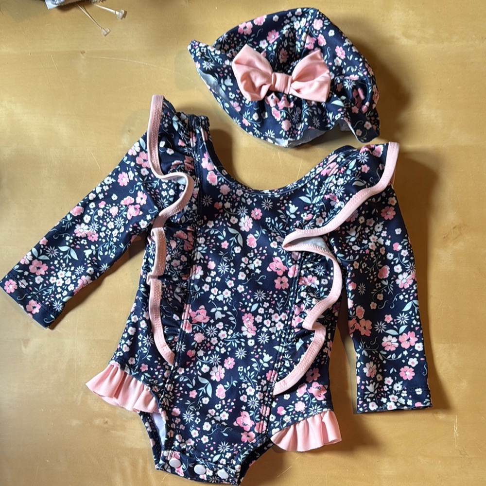 Floral Long Sleeve Swimsuit with Matching Cap 6-12 m